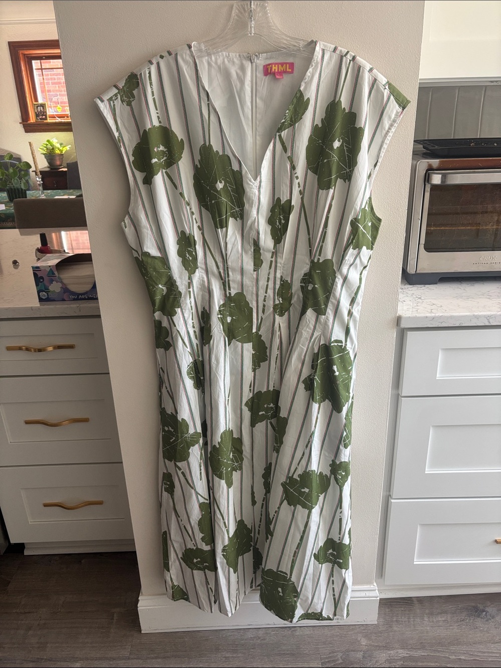 THML White Midi Dress with Olive Green Floral Print - Picture 1 of 3
